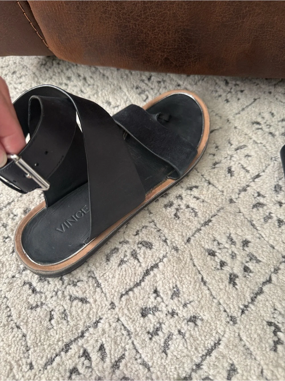 Vince Black Leather Crisscross Toe-Loop Sandals